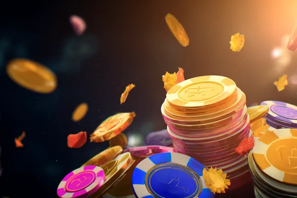 A glamorous woman holding casino chips in a neon-lit environment, representing the premium online casino atmosphere of TKPK.